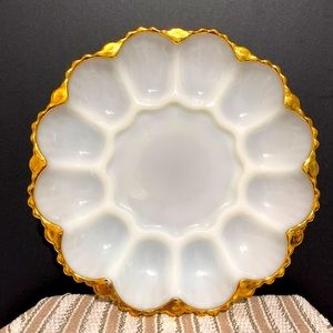 Deviled Egg Plate 1950’s Anchor Hocking White Milk Glass with Gold Edging